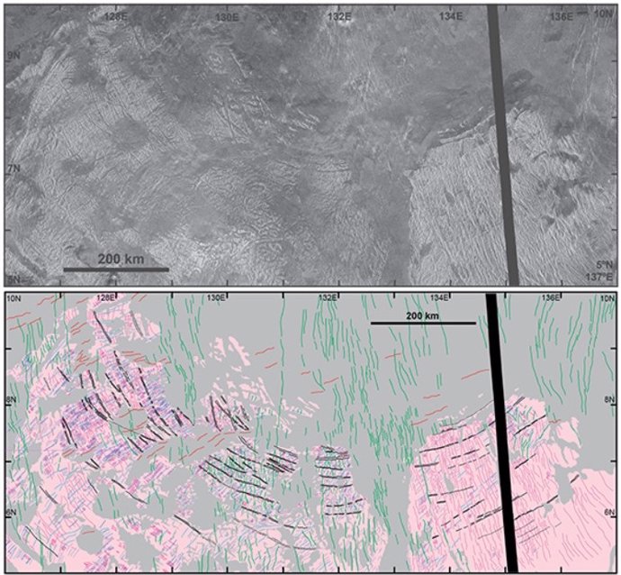 A radar image (top) and geological map (bottom) of the Haastte-baad tile (pink), cut by a set of unique concentric rings (black) that record a type of impact crater recently recognized on Venus.