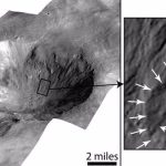 This image of Cornelia Crater on Vesta shows lobed deposits (right) and curvilinear gullies (highlighted by the short white arrows, left). According to an article recently published in The Planetary Science Journal,