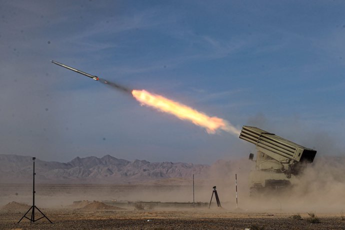 HANDOUT - 28 October 2023, Iran, Nasrabad: A picture revealed by the Iranian Army Office on 28 October shows Missiles are being launched during a ground force drill. Iran's ground forces have begun a two-day exercise amid tensions in the Middle East.