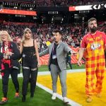 Donna Kelce, Taylor Swift and Jason Kelce photographed after the 2024 NFL Super Bowl game, in which the Kansas City Chiefs defeated the San Francisco 49ers in Las Vegas.