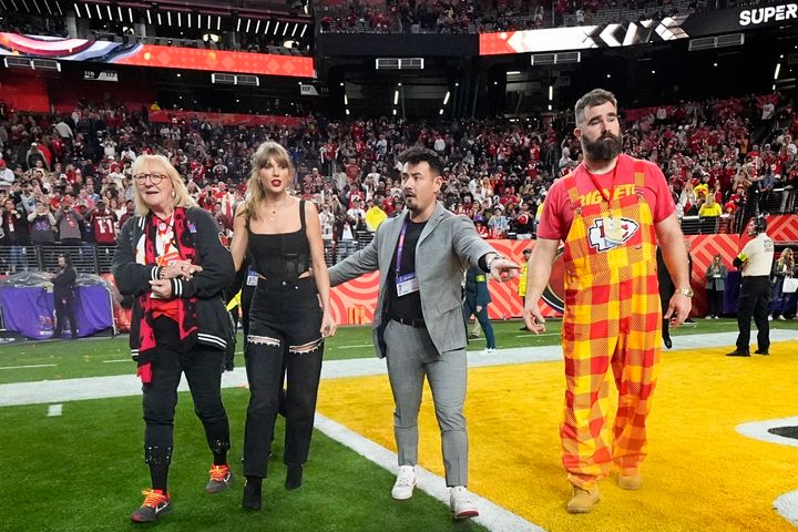 Donna Kelce, Taylor Swift and Jason Kelce photographed after the 2024 NFL Super Bowl game, in which the Kansas City Chiefs defeated the San Francisco 49ers in Las Vegas.