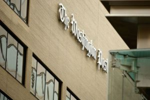 The Washington Post logo is displayed outside its offices on May 1, 2009 in Washington.