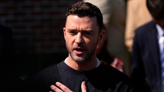 Justin Timberlake speaks to reporters after a court hearing, Friday, Sept. 13, 2024, in Sag Harbor, N.Y. (AP Photo/Pamela Smith)(AP)