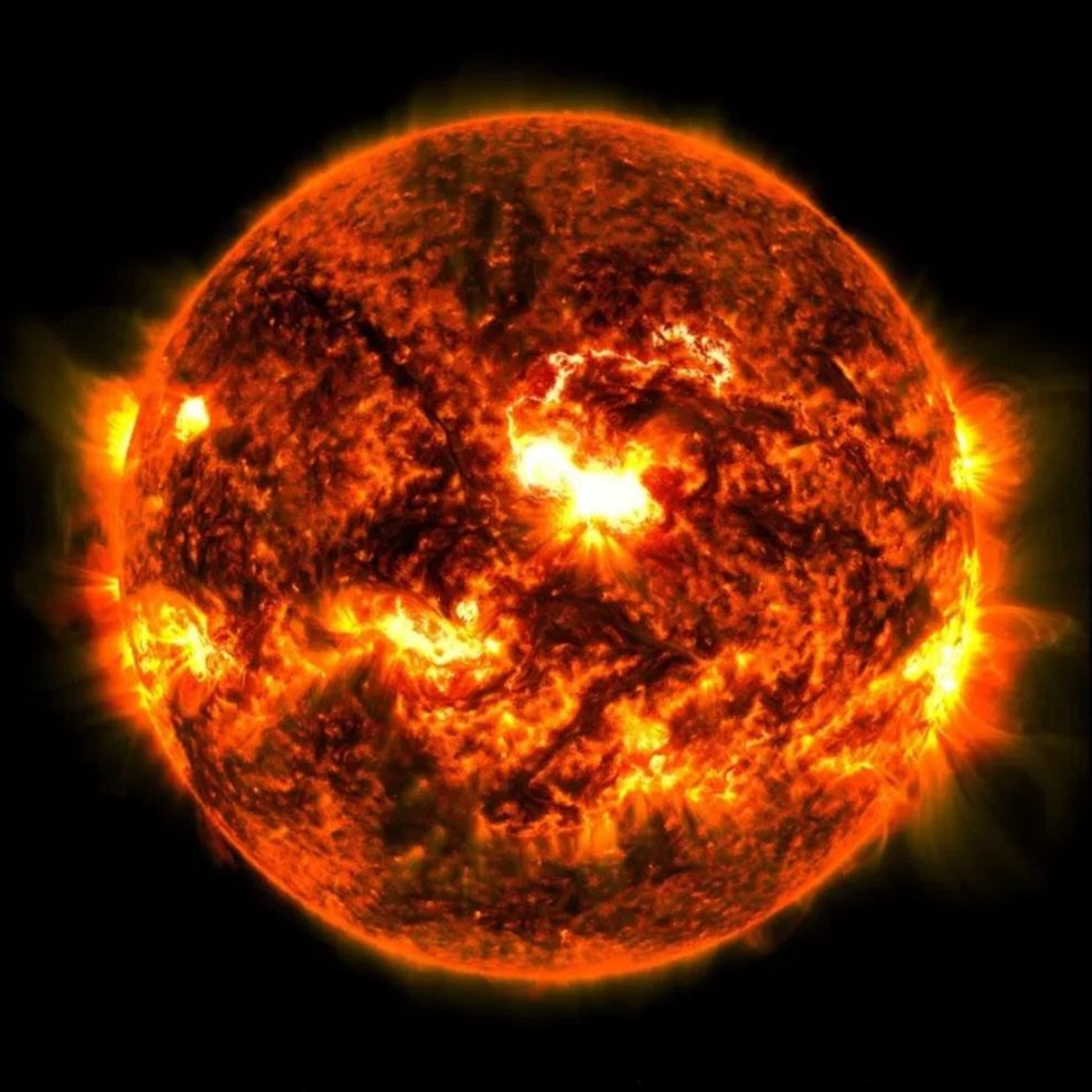 NASA's Solar Dynamics Observatory captured this image of a solar flare, seen as a bright flash at the center of the solar disk, on October 8. SDO/NASA