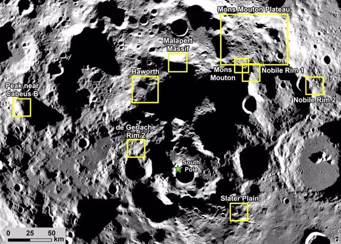 This image shows nine candidate landing regions for NASA's Artemis III mission, with each region containing multiple potential sites for the first crewed landing on the Moon in more than 50 years.