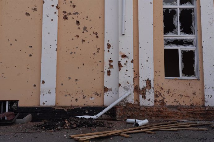 File - August 23, 2024, Sudzha, Ukraine: Damaged facade of a building is seen in Sudzha. Ukraine conducts an incursion into Russia's Kursk region and has seized territory, including occupying Sudzha and captured Russian soldiers as prisoners of war. Ukraine