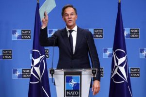 The new Secretary General of NATO, Mark Rutte, during his first press conference at the headquarters in Brussels