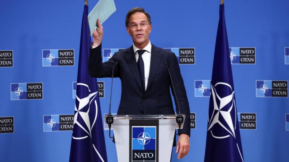 The new Secretary General of NATO, Mark Rutte, during his first press conference at the headquarters in Brussels