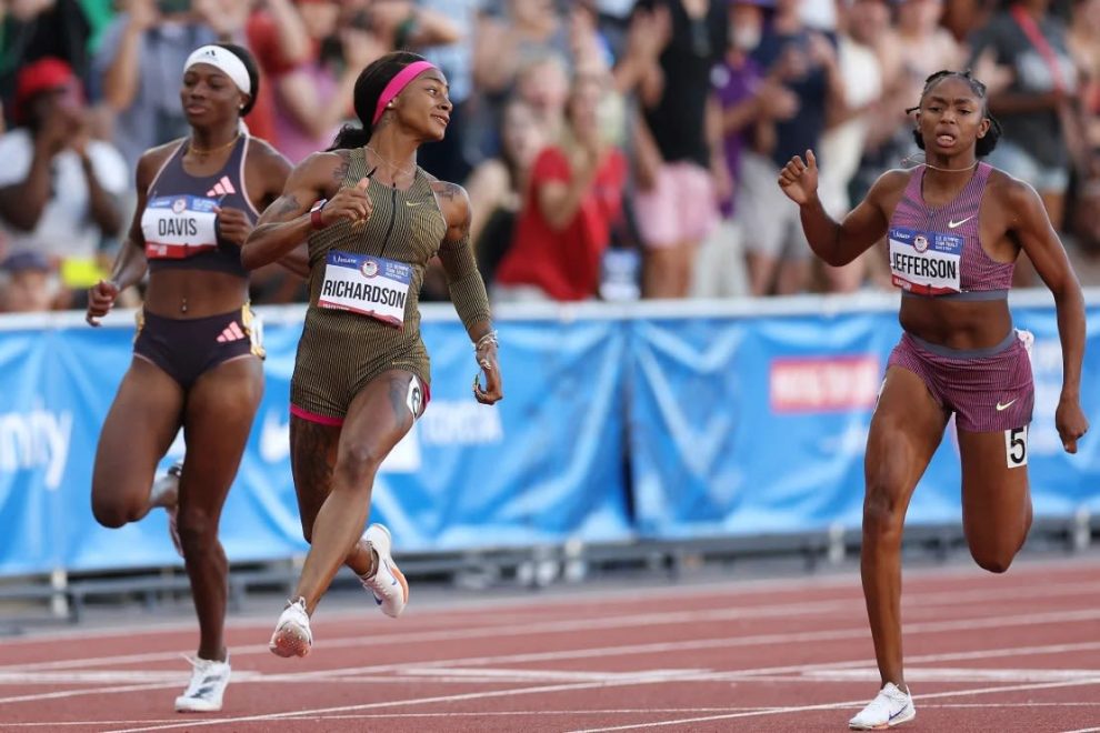 Sha'Carri Richardson crosses the finish line of the women's 100-meter dash final at Hayward Field this Saturday.