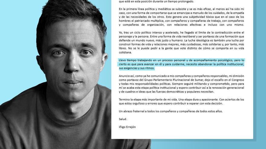 The letter with which Íñigo Errejón leaves politics: "I have been working on a psychological support process for some time."