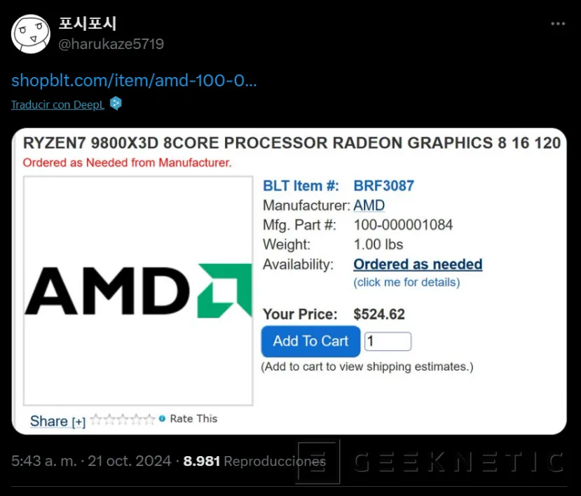 Geeknetic The AMD Ryzen 7 9800X3D has been seen in online sellers with a price slightly higher than expected 1