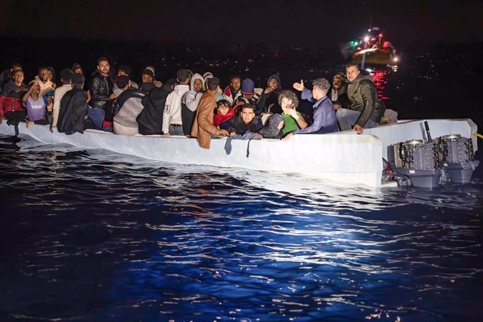 File - March 16, 2024, Libyan Sar Zone, Libya: Migrants seen on a fiberglass boat rescued by MSF. During the night of March 16, 2024, the MSF crew intercepted a small fiberglass boat full of migrants navigating towards Europe in the Libyan SAR zone. Th