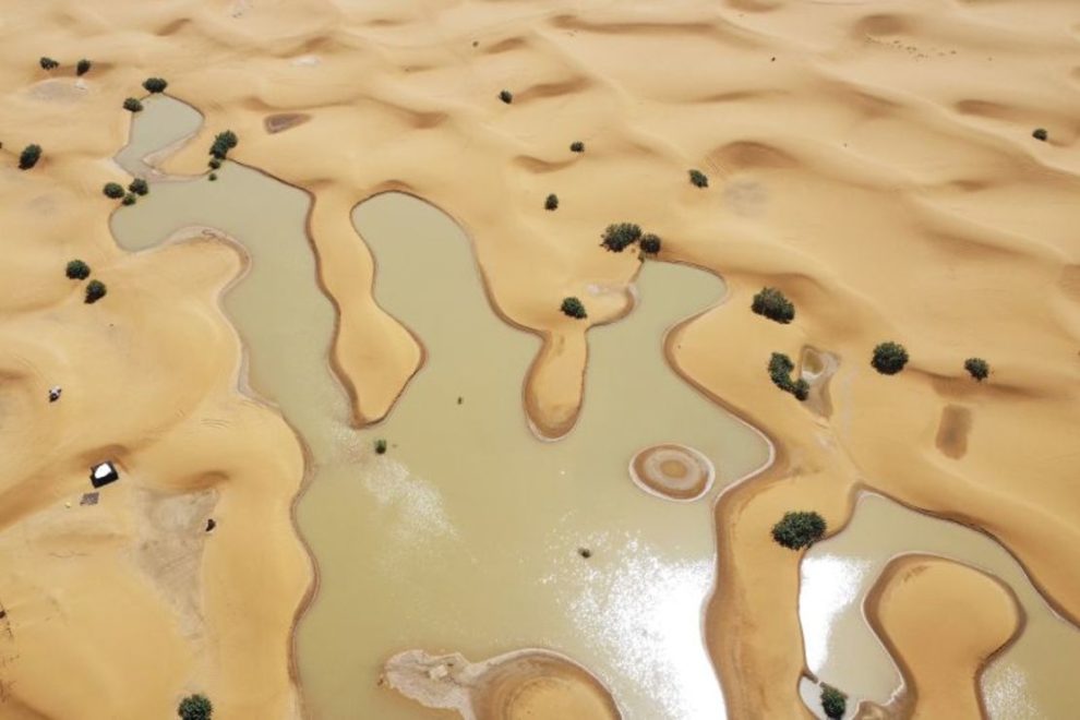 A view of lakes caused by heavy rain among sand dunes in the desert town of Merzouga, near Rachidia, southeastern Morocco, on October 2, 2024.