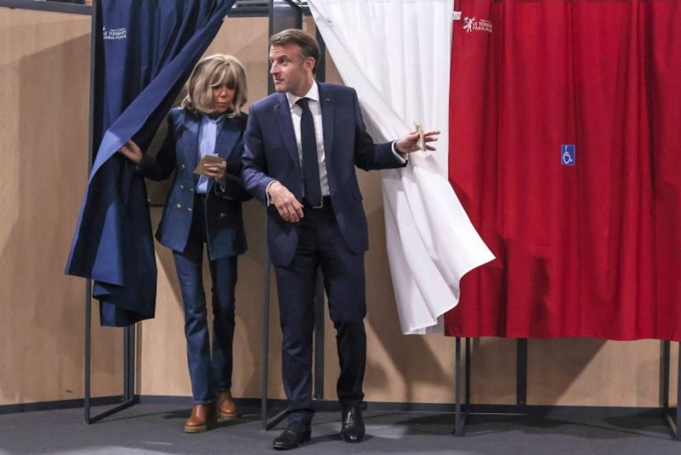 Emmanuel Macron and first lady Brigitte Macron at the Touquet polling station, for the European elections on June 9, 2024.