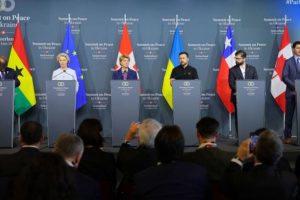 Ghanaian President Nana Akufo-Addo, European Commission President Ursula von der Leyen, Swiss President Viola Amherd, Ukrainian President Volodymyr Zelensky, Chilean President Gabriel Boric and Prime Minister of Canada, Justin Trudeau, attend the closing press conference of the Peace Summit in Ukraine on Sunday. Credit: Denis Balibouse/Reuters