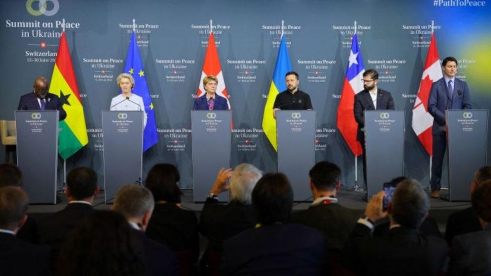 Ghanaian President Nana Akufo-Addo, European Commission President Ursula von der Leyen, Swiss President Viola Amherd, Ukrainian President Volodymyr Zelensky, Chilean President Gabriel Boric and Prime Minister of Canada, Justin Trudeau, attend the closing press conference of the Peace Summit in Ukraine on Sunday. Credit: Denis Balibouse/Reuters