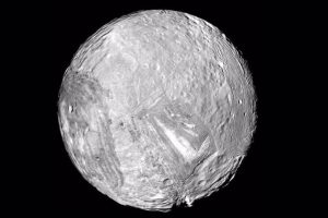 Uranus's icy moon Miranda, captured by NASA's Voyager 2 spacecraft on January 24, 1986.