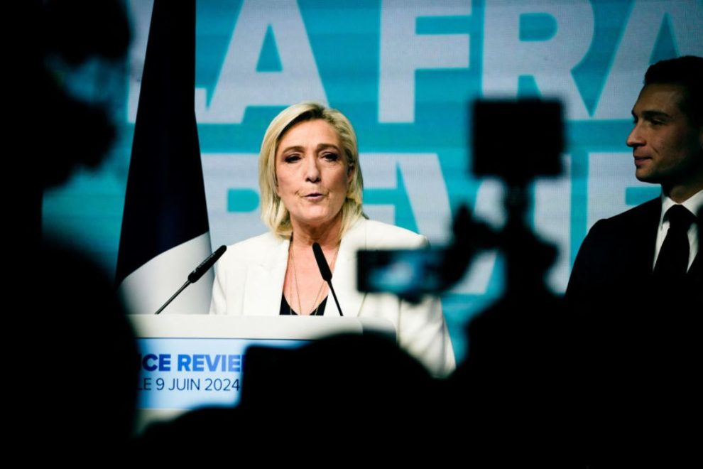 Marine Le Pen celebrates after the European elections in France on June 9, 2024