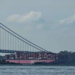 The container ship One Falcon passes the Verrazano Bridge in New York Harbor upon arrival on October 4, 2024. Bryan R. Smith/AFP/Getty Images