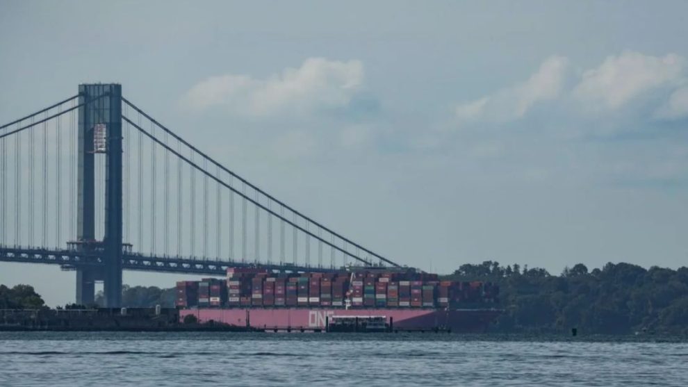 The container ship One Falcon passes the Verrazano Bridge in New York Harbor upon arrival on October 4, 2024. Bryan R. Smith/AFP/Getty Images