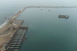 Aerial view showing construction works in the area where the Chinese company Cosco Shipping is building a port in Chancay.