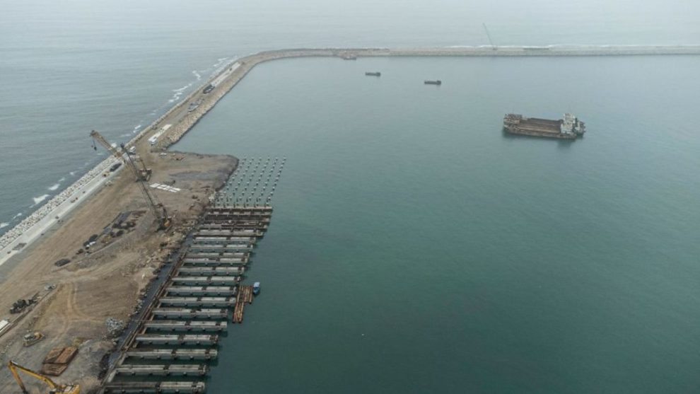 Aerial view showing construction works in the area where the Chinese company Cosco Shipping is building a port in Chancay.