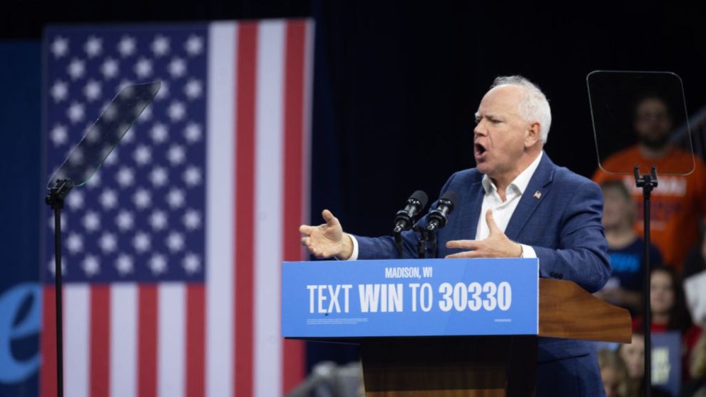 MADISON, WISCONSIN - OCTOBER 22: Democratic vice presidential nominee, Minnesota Gov. Tim Walz speaks at a get-out-the-vote rally on October 22, 2024 in Madison, Wisconsin. Wisconsin polls open today for in-person early voting. (Photo by Scott Olson/Getty Images)