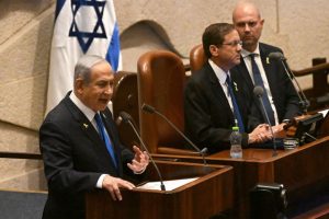 Israel's Prime Minister Benjamin Netanyahu speaks at the opening of the 25th session of Parliament in Jerusalem on October 28, 2024. Credit: Debbie Hill/AFP/Getty Images