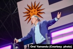 The presidential candidate of the Frente Amplio, Yamandú Orsi, speaks after knowing the result of the general elections on Sunday, October 27, 2024, in Montevideo, Uruguay.