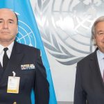 Argentine Rear Admiral Guillermo Ríos (left), Head of Mission and Observers of UNMOGIP, and UN Secretary General António Guterres (right).