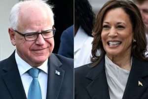 (COMBO) This combination of pictures created on August 2, 2024, shows US Vice President Kamala Harris in Washington, DC on July 22, 2024, and Governor of Minnesota Tim Walz in Washington, DC, July 3, 2024. Harris picked Walz as her running mate on August 6, 2024, US media reported, as the vice president prepares to take on Republican Donald Trump in November's US election. (Photo by Jim WATSON and Chris Kleponis / AFP) (Photo by JIM WATSONCHRIS KLEPONIS/AFP via Getty Images)