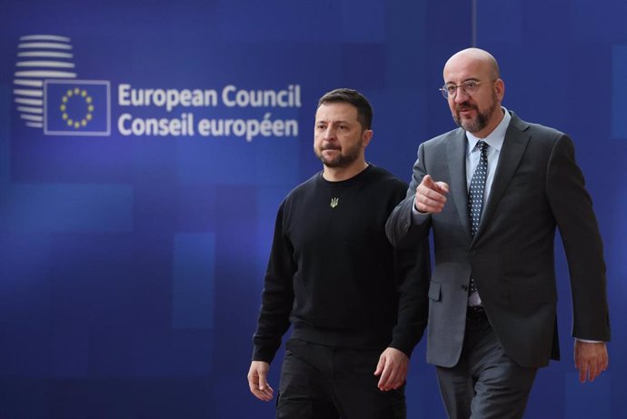 Volodymyr Zelensky, President of Ukraine, accompanied by Charles Michel, President of the European Council, in Brussels