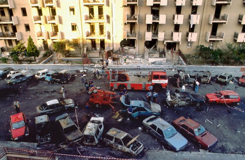 Cars burned the day after the bomb attack that killed judge Paolo Borsellino and his police guards in Palermo on July 20, 1992.