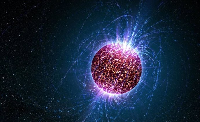 Artist's conception of a highly magnetized neutron star. According to current theory, axions would be created in the hot interior of the neutron star.