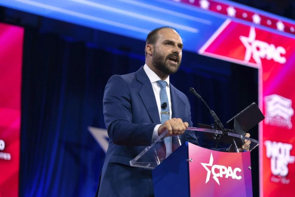 Eduardo Bolsonaro, a member of the Brazilian House of Representatives, speaks during the Conservative Political Action Conference at National Harbor, in Oxon Hill, Maryland, on February 24, 2024. Credit: José Luis Magaña/AP/File.