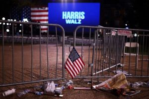 A flag is left at an event hosted by Vice President Kamala Harris at Howard University in Washington on November 6, 2024.