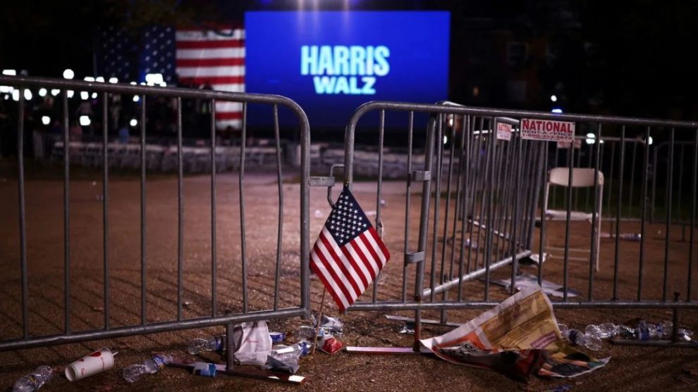 A flag is left at an event hosted by Vice President Kamala Harris at Howard University in Washington on November 6, 2024.