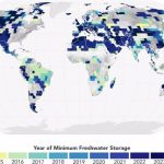 This map shows the years when terrestrial water storage reached a 22-year low (i.e., the land was drier) at each location, based on data from the GRACE and GRACE/FO satellites.