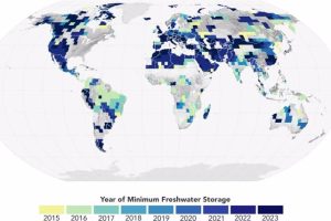 This map shows the years when terrestrial water storage reached a 22-year low (i.e., the land was drier) at each location, based on data from the GRACE and GRACE/FO satellites.