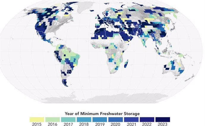 This map shows the years when terrestrial water storage reached a 22-year low (i.e., the land was drier) at each location, based on data from the GRACE and GRACE/FO satellites.