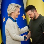 File - The president of Ukraine, Volodimir Zelensky, receives the president of the European Commission, Ursula von der Leyen, in kyiv in September