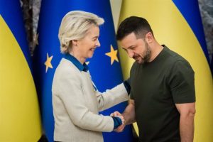 File - The president of Ukraine, Volodimir Zelensky, receives the president of the European Commission, Ursula von der Leyen, in kyiv in September