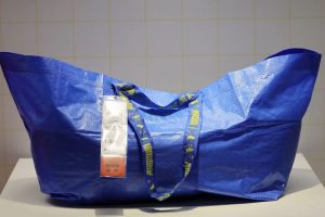 Ikea's Frakta bag on display in Munich during a celebration of the brand's 50th anniversary in Germany on October 17, 2024.