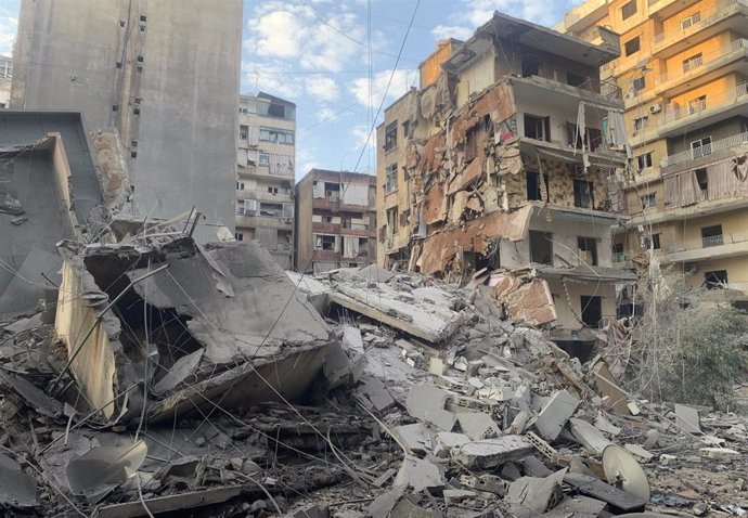 BEIRUT, Nov. 7, 2024 -- This photo shows the damage caused by Israeli airstrikes in the southern suburb of Beirut, Lebanon, on Nov. 7, 2024. Israeli warplanes on Wednesday afternoon launched eight violent airstrikes on Beirut's southern suburbs after day