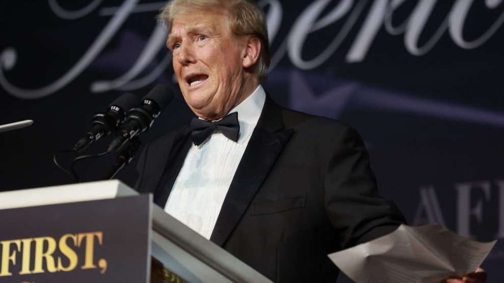 PALM BEACH, FLORIDA - NOVEMBER 14: US President-elect Donald Trump speaks at the America First Policy Institute Gala held at Mar-a-Lago on November 14, 2024 in Palm Beach, Florida. The annual event supports Gray Team, a nonprofit organization dedicated to preventing military suicide. (Photo by Joe Raedle/Getty Images)