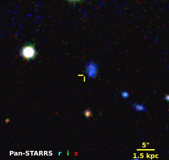 Pre-explosion images of the host galaxy obtained by Pan-STARRS. The yellow crosshairs are 1'' (0.3 kpc) long and mark the location of SN 2023ufx.