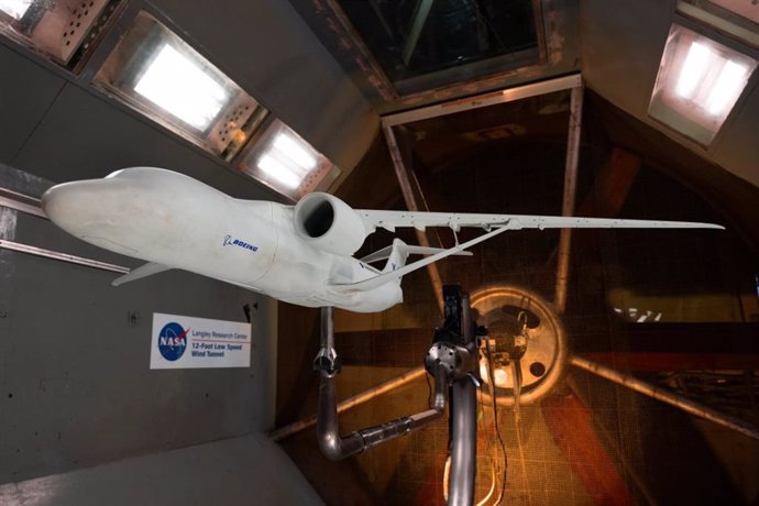 A model of the X-66 aircraft with a wingspan of nearly 6 feet was placed in the 12-foot low-speed wind tunnel at NASA Langley Research Center.