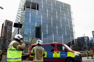 Police carry out a controlled explosion of a suspicious package near the US Embassy in London