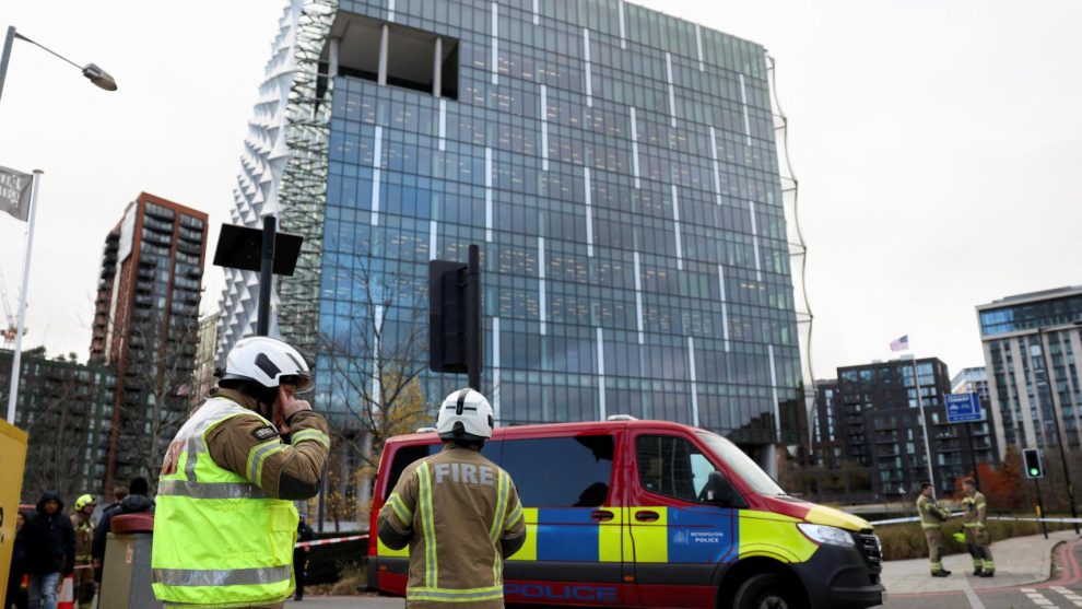 Police carry out a controlled explosion of a suspicious package near the US Embassy in London