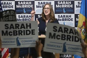 Sarah McBride speaks to supporters after winning the Democratic primary for the US House of Representatives on September 10, 2024. Damian Giletto/Delaware News Journal/USA Today Network/Imagn Images